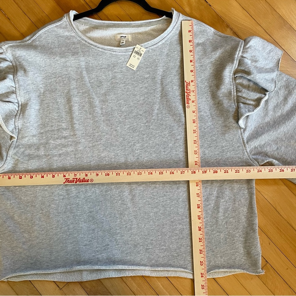 AERIE NWT 2025 Ruffle Sleeve Sweatshirt Raw Edge Neck and Hem Boxy Fit - Picture 10 of 12